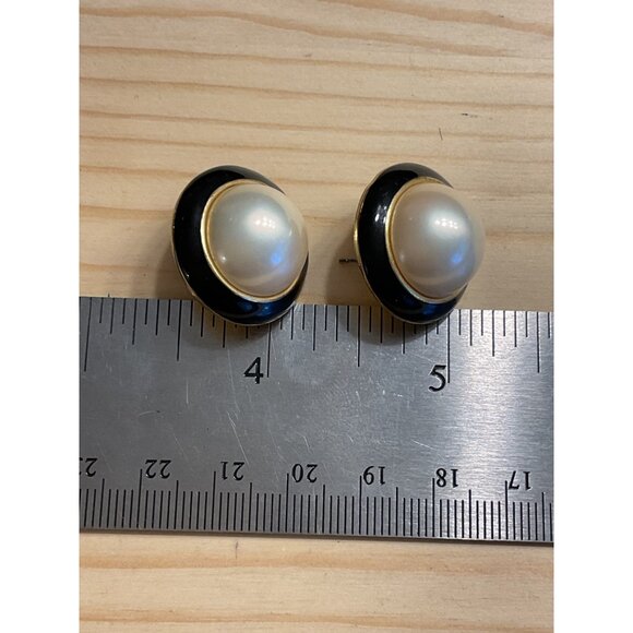 Vintage Post Back Pierced Earrings With Faux Pearls & Black Enamel Accents - Picture 3 of 4